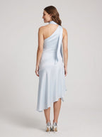 Mist Satin Column Halter neckline Side Zip Asymmetrical Dress with Wrap neck tie - Curvevia