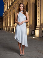 Mist Satin Column Halter neckline Side Zip Asymmetrical Dress with Wrap neck tie - Curvevia