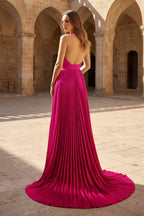 A-Line Halter Backless Pleated Blue Chiffon Long Prom Dresses - Curvevia