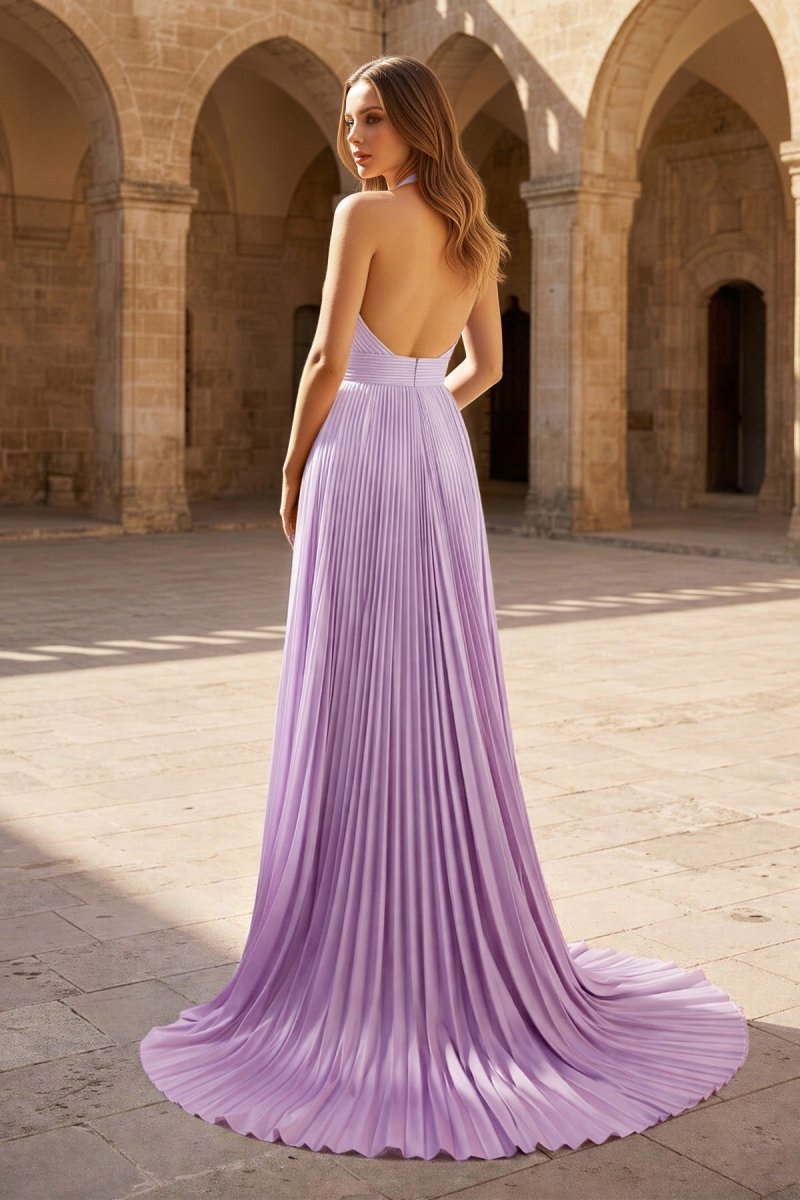 A-Line Halter Backless Pleated Blue Chiffon Long Prom Dresses - Curvevia