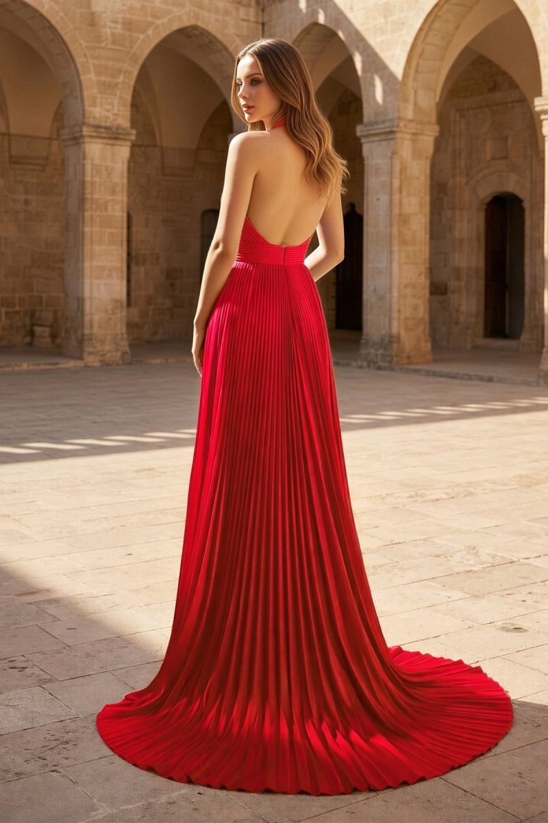 A-Line Halter Backless Pleated Blue Chiffon Long Prom Dresses - Curvevia