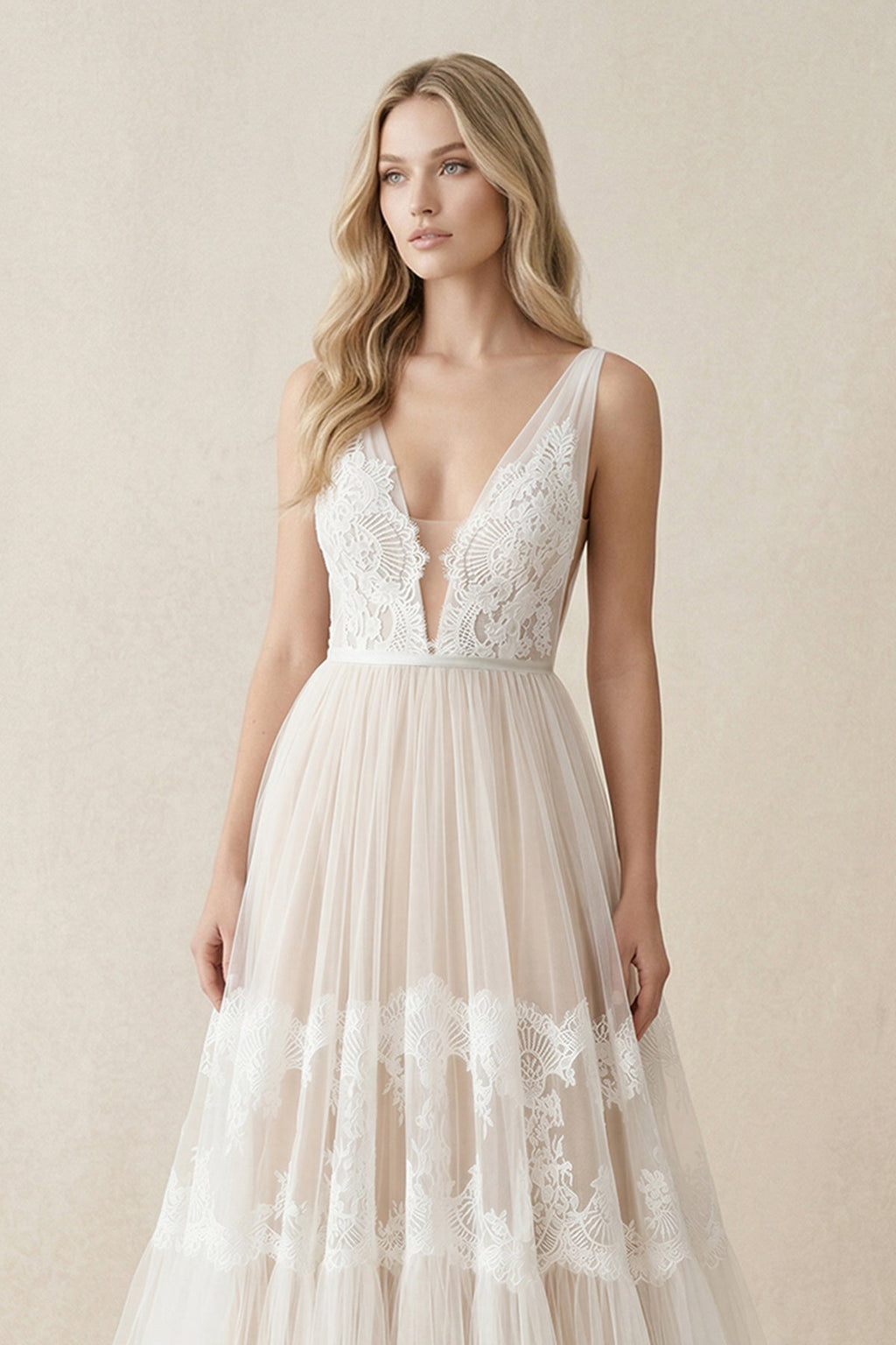 A-Line Lace Bohemian V-neck Wedding Dress With Low-V Back And Appliques - Curvevia