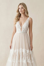 A-Line Lace Bohemian V-neck Wedding Dress With Low-V Back And Appliques - Curvevia