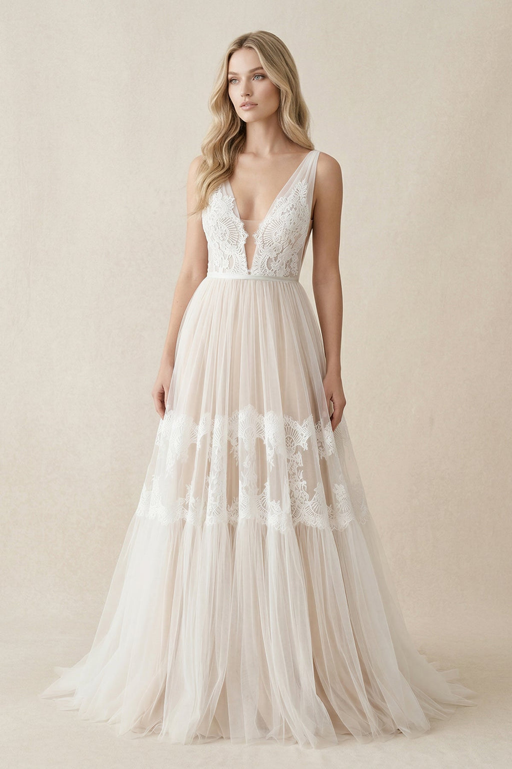 A-Line Lace Bohemian V-neck Wedding Dress With Low-V Back And Appliques - Curvevia