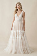 A-Line Lace Bohemian V-neck Wedding Dress With Low-V Back And Appliques - Curvevia