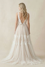 A-Line Lace Bohemian V-neck Wedding Dress With Low-V Back And Appliques - Curvevia