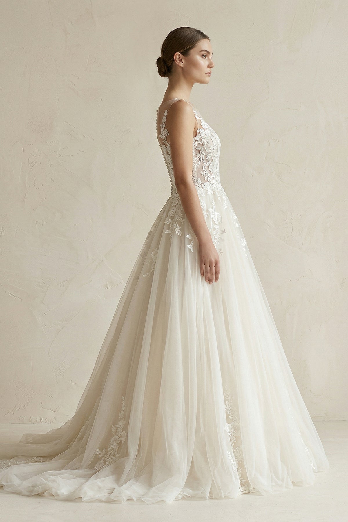 Illusion Neck Appliqued Tulle Wedding Gown in White - Curvevia