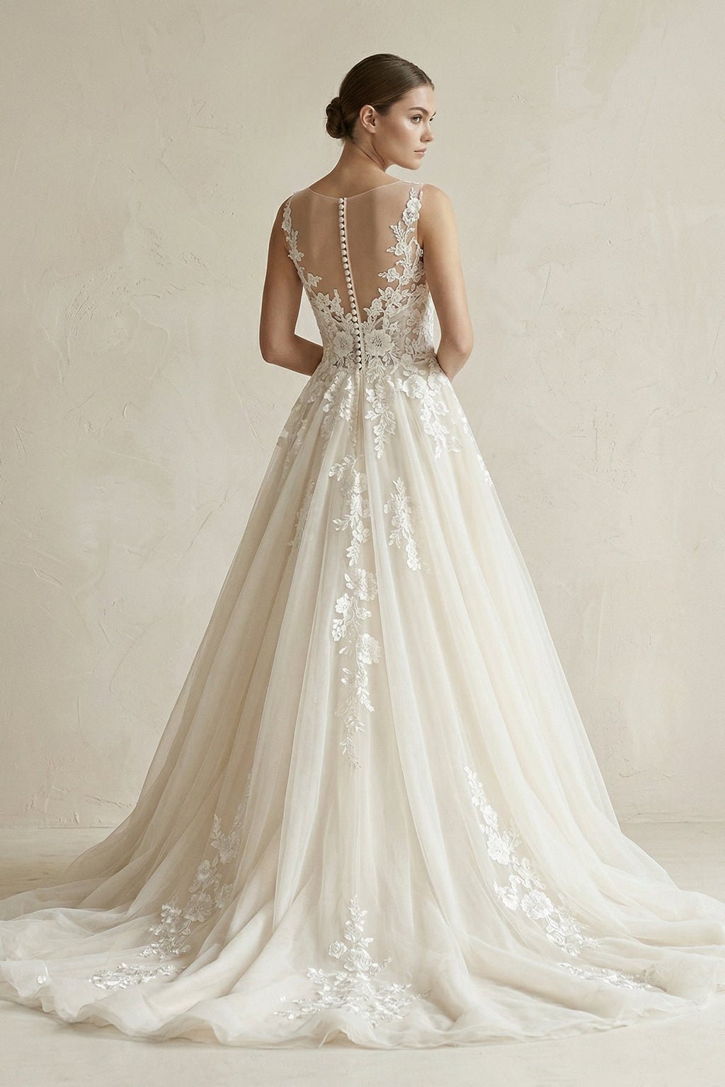 Illusion Neck Appliqued Tulle Wedding Gown in White - Curvevia