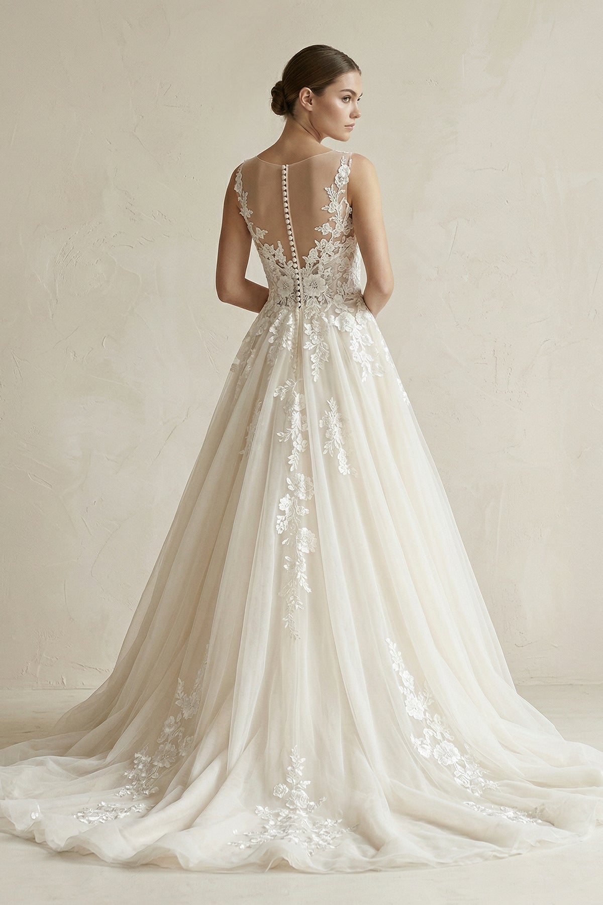 Illusion Neck Appliqued Tulle Wedding Gown in White - Curvevia