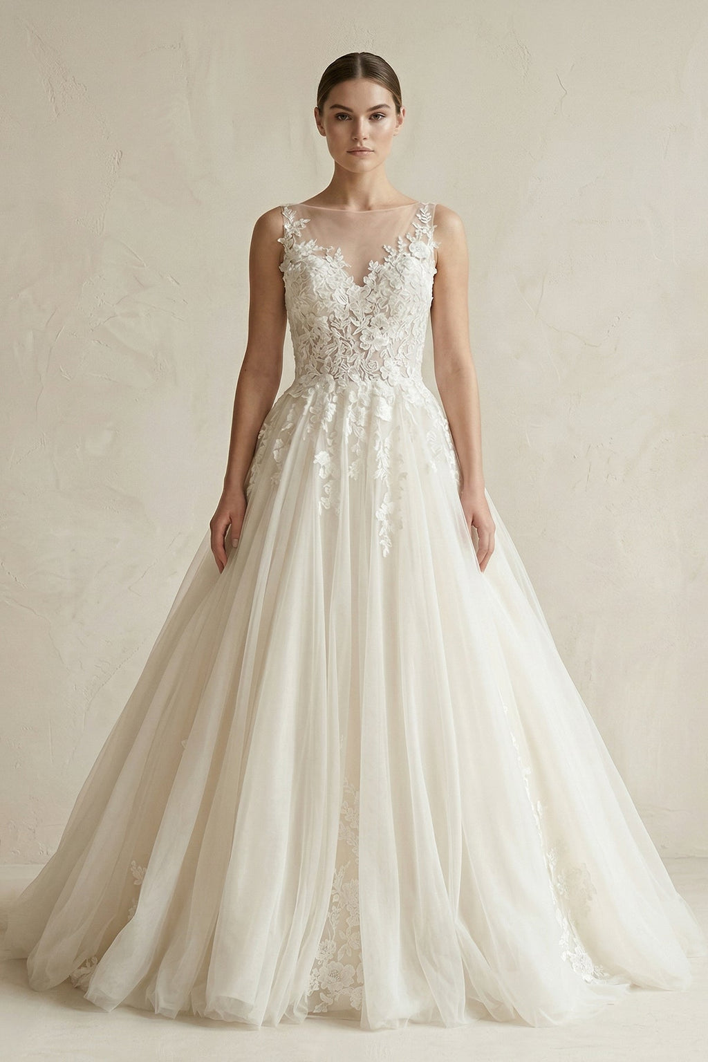 Illusion Neck Appliqued Tulle Wedding Gown in White - Curvevia