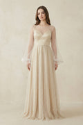 Illusion Neck Tulle A-Line Long Sleeve Wedding Dress With Pearl in White-Nude - Curvevia
