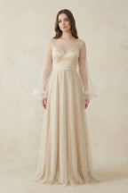 Illusion Neck Tulle A-Line Long Sleeve Wedding Dress With Pearl in White-Nude - Curvevia
