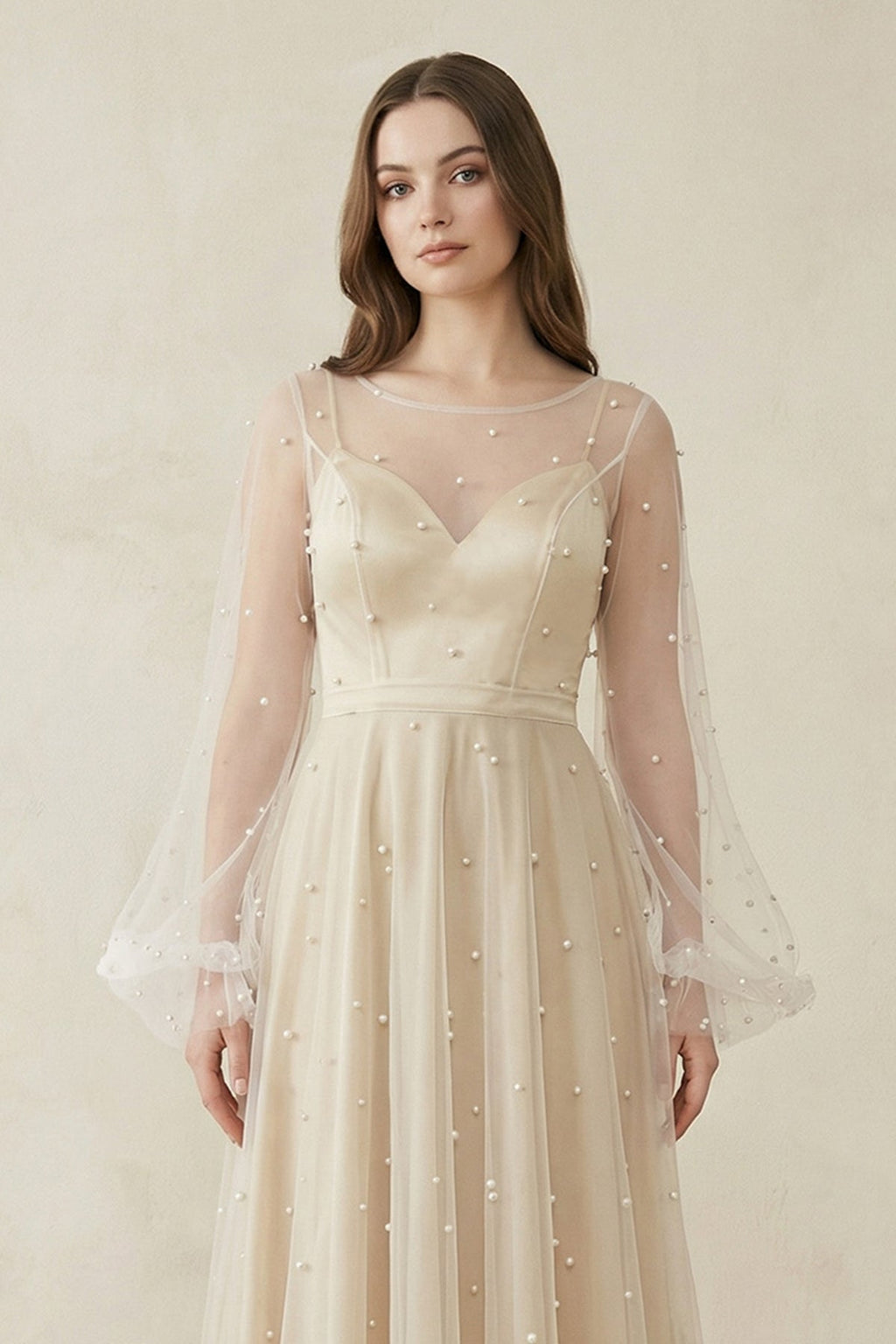 Illusion Neck Tulle A-Line Long Sleeve Wedding Dress With Pearl in White-Nude - Curvevia