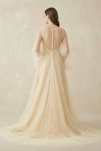 Illusion Neck Tulle A-Line Long Sleeve Wedding Dress With Pearl in White-Nude - Curvevia