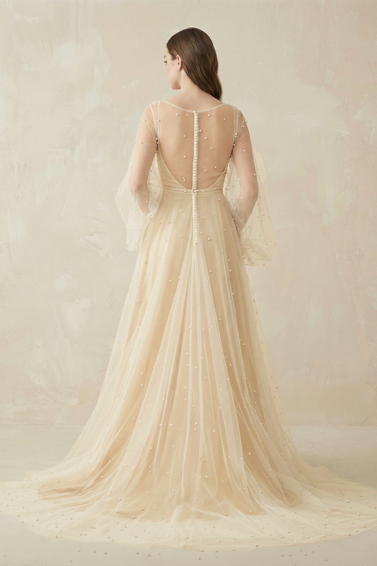 Illusion Neck Tulle A-Line Long Sleeve Wedding Dress With Pearl in White-Nude - Curvevia