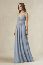 Illusion V-Neck A-Line Ruched Bridesmaid Dress in Twilight - Curvevia