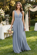 Illusion V-Neck A-Line Ruched Bridesmaid Dress in Twilight - Curvevia