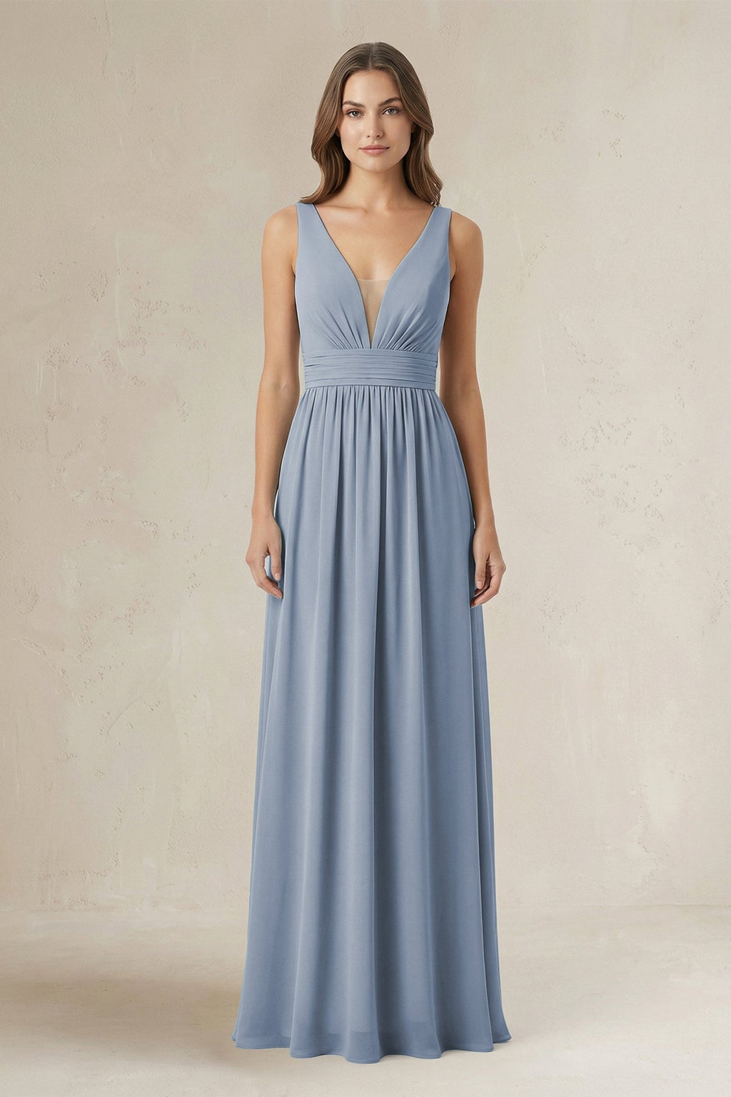 Illusion V-Neck A-Line Ruched Bridesmaid Dress in Twilight - Curvevia