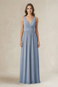 Illusion V-Neck A-Line Ruched Bridesmaid Dress in Twilight - Curvevia