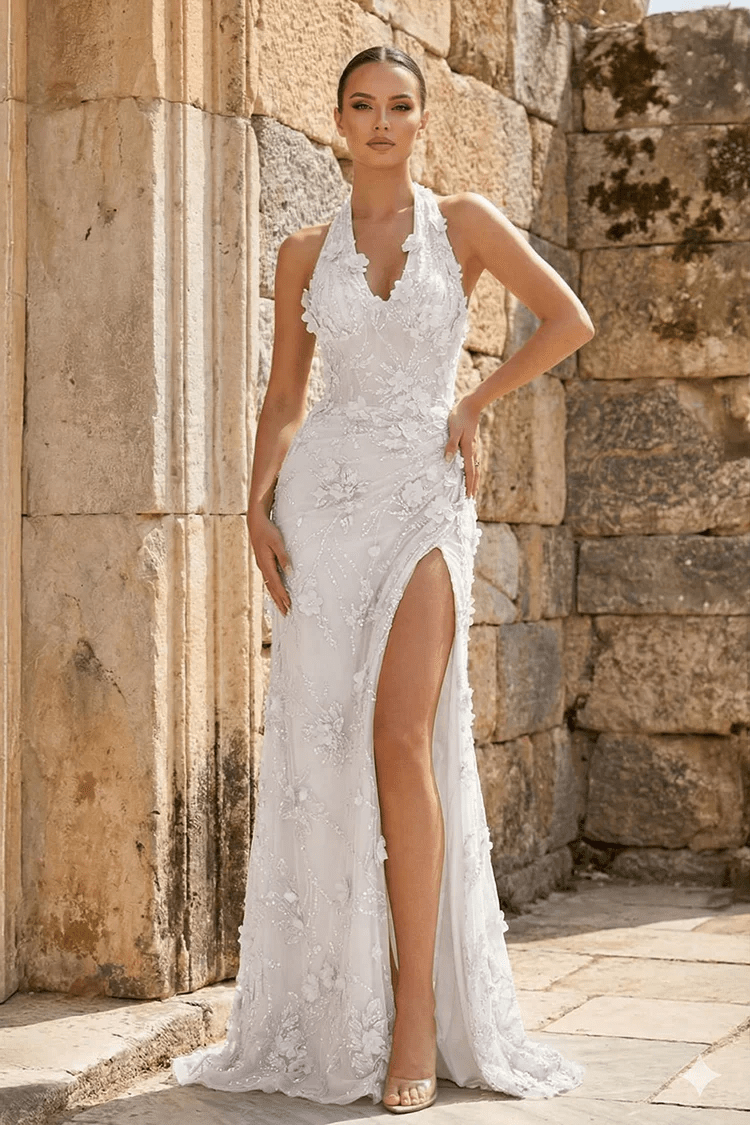 Sage Sheath Halter Sequined Long Evening Dress With Floral Appliques - Curvevia