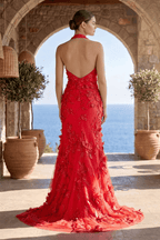 Sage Halter Sequined Sheath Long Evening Dress With Floral Appliques - Curvevia