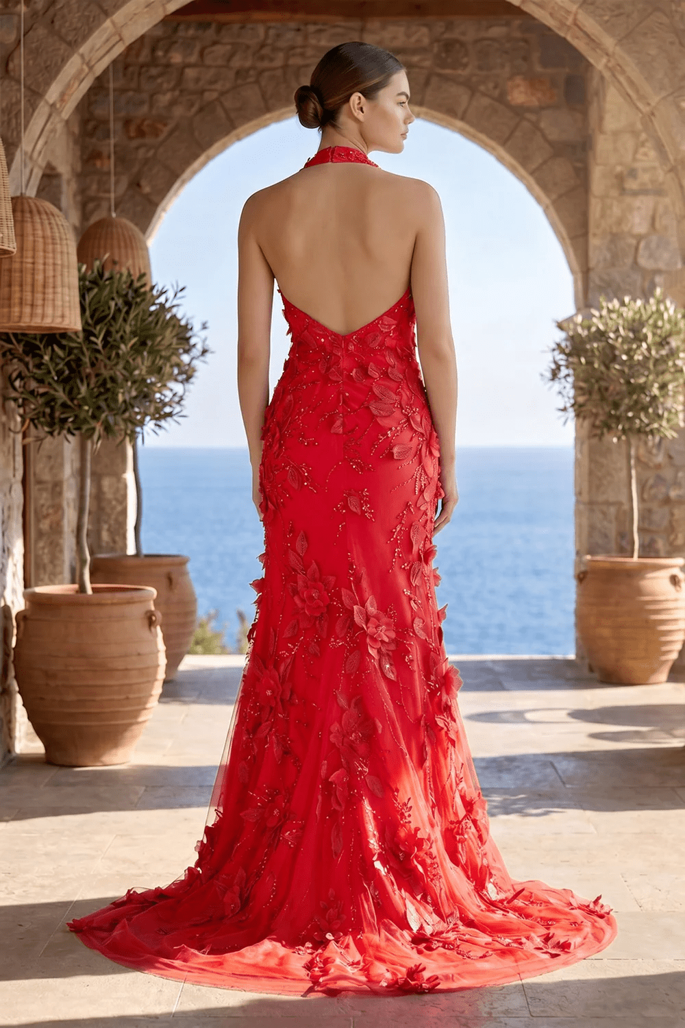 Sage Halter Sequined Sheath Long Evening Dress With Floral Appliques - Curvevia