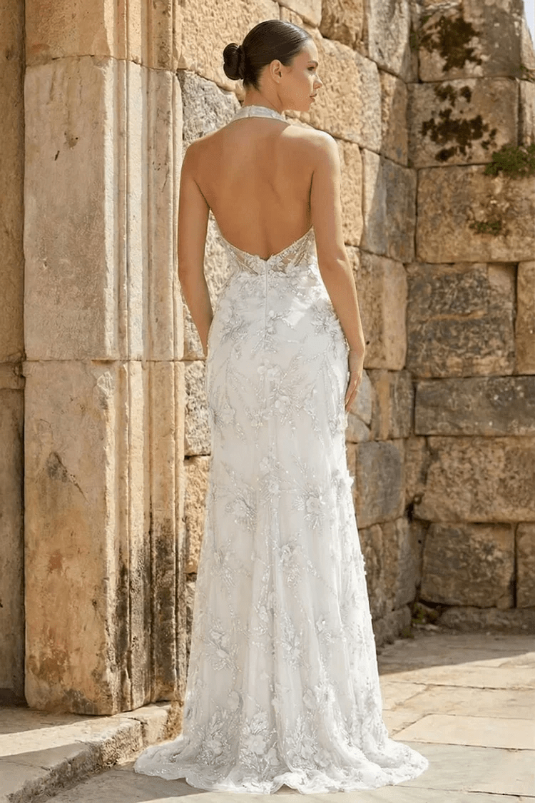Sage Sheath Halter Sequined Long Evening Dress With Floral Appliques - Curvevia