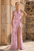 Sage Sheath Halter Sequined Long Evening Dress With Floral Appliques - Curvevia