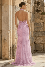 Sage Sheath Halter Sequined Long Evening Dress With Floral Appliques - Curvevia