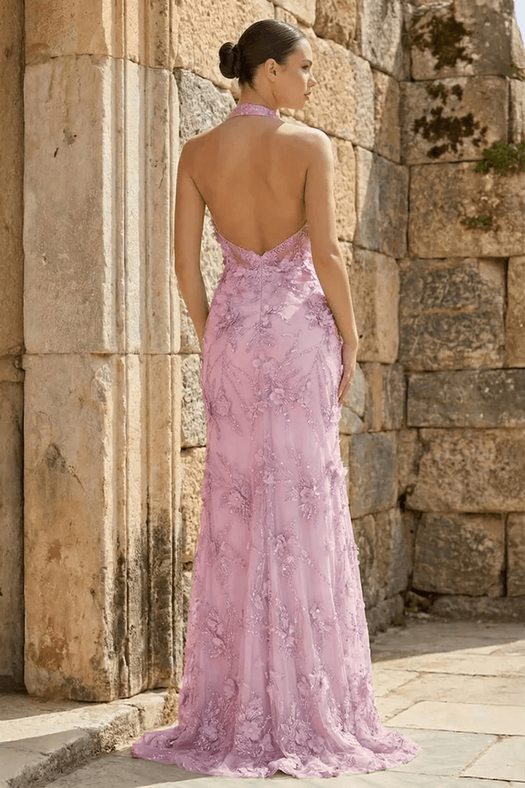 Sage Sheath Halter Sequined Long Evening Dress With Floral Appliques - Curvevia