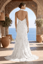Sage Halter Sequined Sheath Long Evening Dress With Floral Appliques - Curvevia