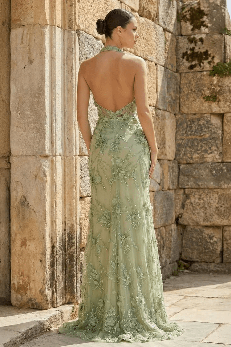Sage Sheath Halter Sequined Long Evening Dress With Floral Appliques - Curvevia