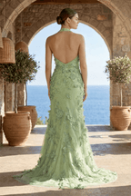 Sage Halter Sequined Sheath Long Evening Dress With Floral Appliques - Curvevia