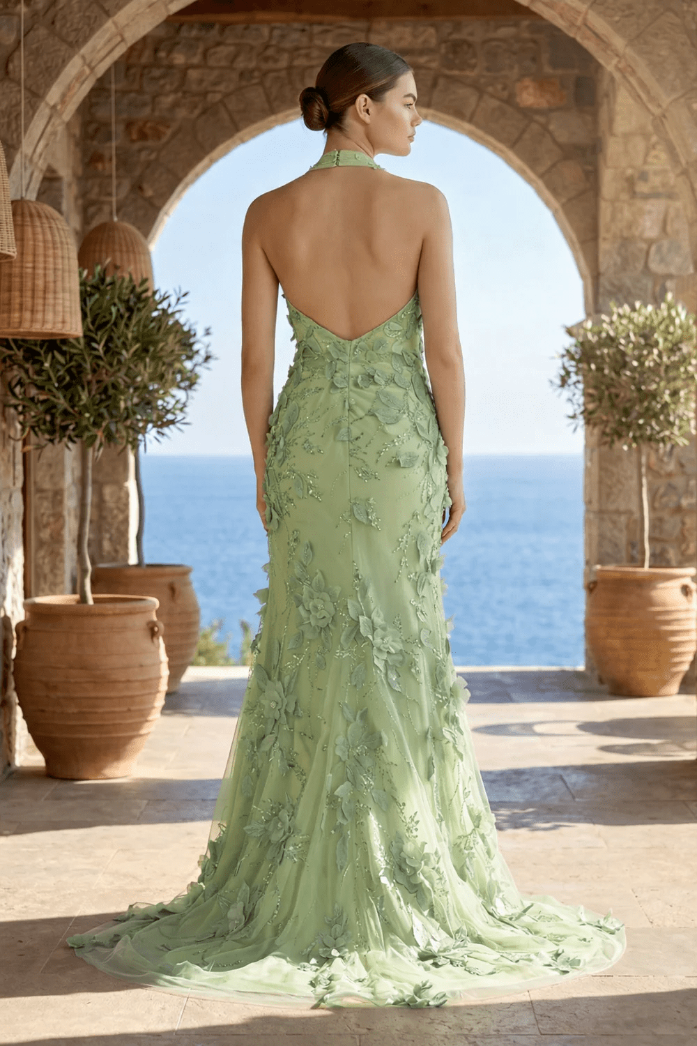 Sage Halter Sequined Sheath Long Evening Dress With Floral Appliques - Curvevia