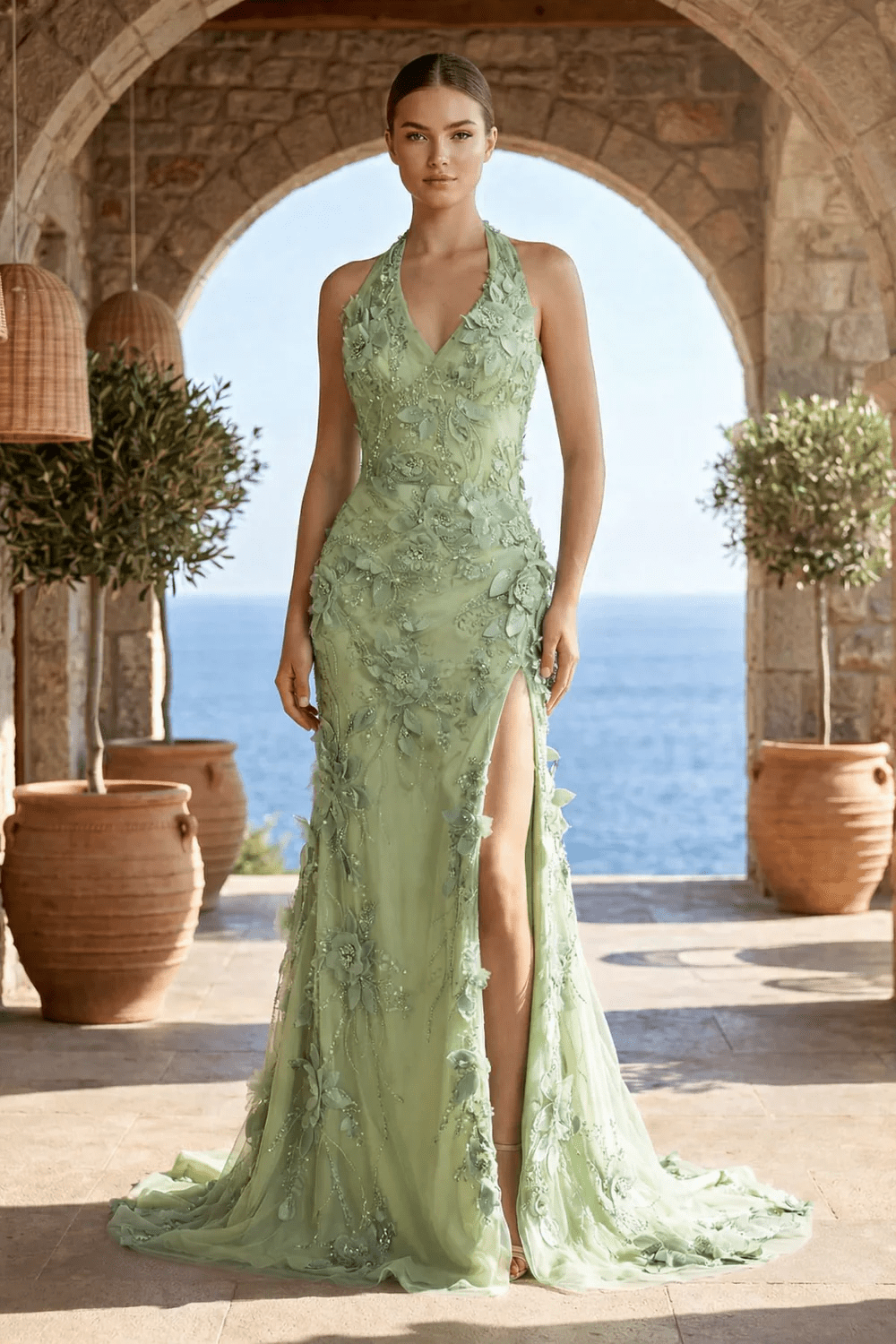 Sage Halter Sequined Sheath Long Evening Dress With Floral Appliques - Curvevia