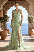 Sage Halter Sequined Sheath Long Evening Dress With Floral Appliques - Curvevia