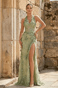 Sage Sheath Halter Sequined Long Evening Dress With Floral Appliques - Curvevia