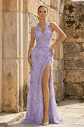 Sage Sheath Halter Sequined Long Evening Dress With Floral Appliques - Curvevia