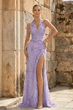 Sage Sheath Halter Sequined Long Evening Dress With Floral Appliques - Curvevia