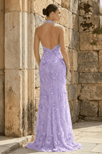 Sage Sheath Halter Sequined Long Evening Dress With Floral Appliques - Curvevia