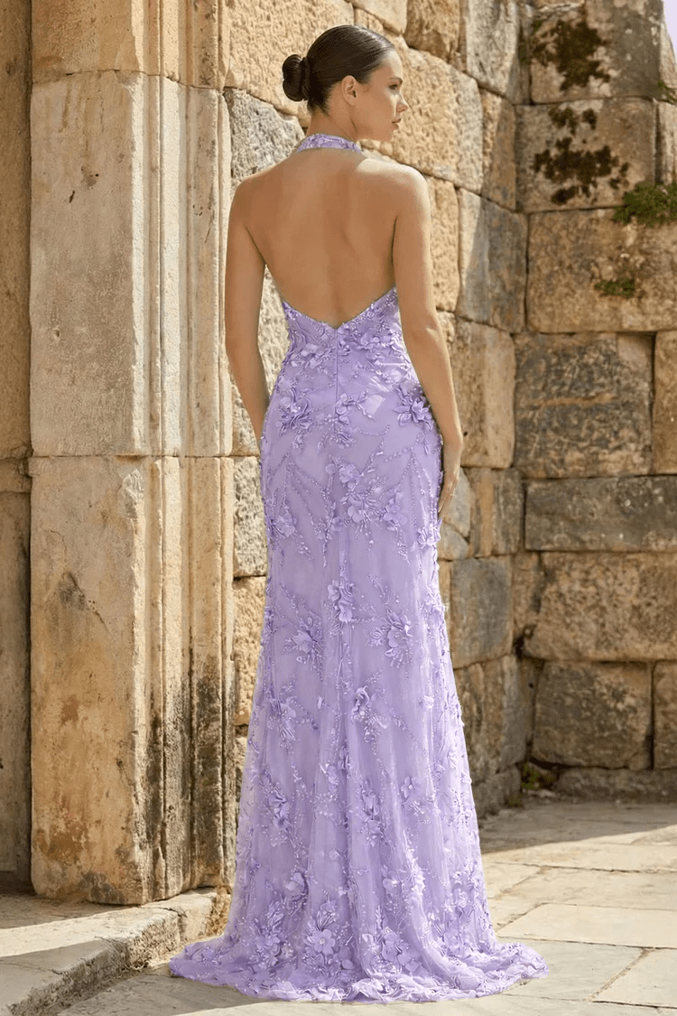 Sage Sheath Halter Sequined Long Evening Dress With Floral Appliques - Curvevia