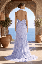 Sage Halter Sequined Sheath Long Evening Dress With Floral Appliques - Curvevia