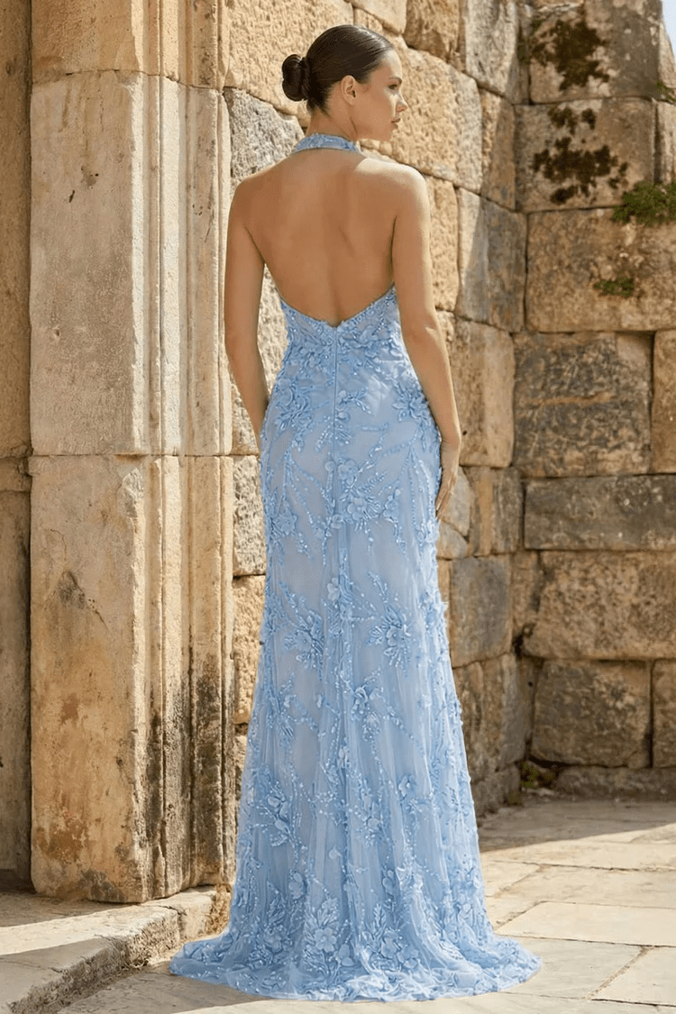 Sage Sheath Halter Sequined Long Evening Dress With Floral Appliques - Curvevia