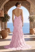 Sage Halter Sequined Sheath Long Evening Dress With Floral Appliques - Curvevia