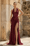 Sage Sheath Halter Sequined Long Evening Dress With Floral Appliques - Curvevia