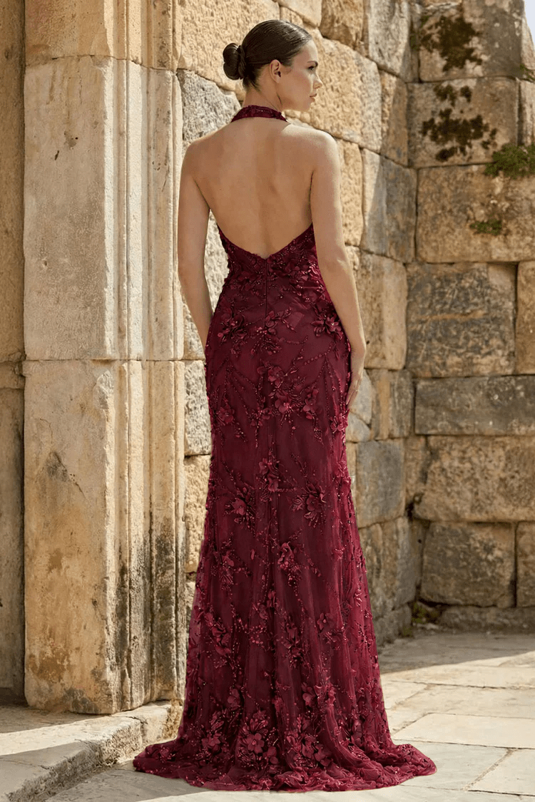 Sage Sheath Halter Sequined Long Evening Dress With Floral Appliques - Curvevia