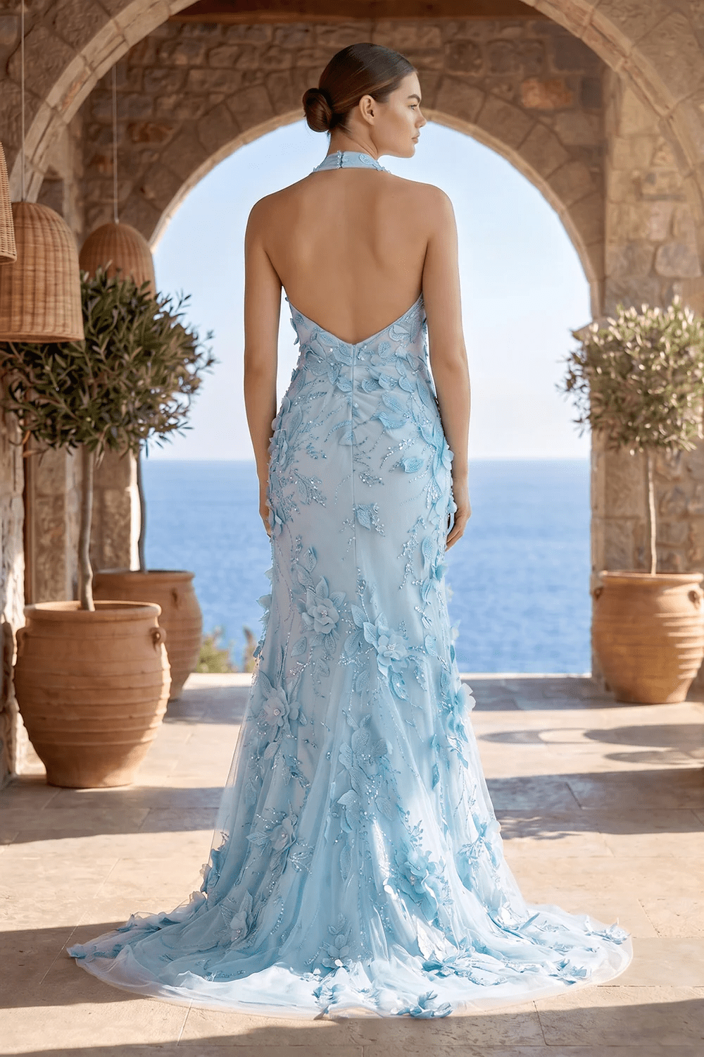 Sage Halter Sequined Sheath Long Evening Dress With Floral Appliques - Curvevia