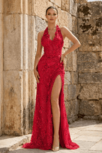 Sage Sheath Halter Sequined Long Evening Dress With Floral Appliques - Curvevia