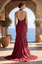 Sage Halter Sequined Sheath Long Evening Dress With Floral Appliques - Curvevia