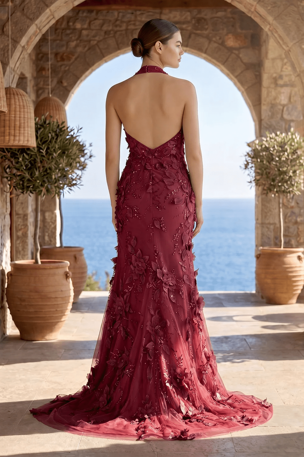 Sage Halter Sequined Sheath Long Evening Dress With Floral Appliques - Curvevia
